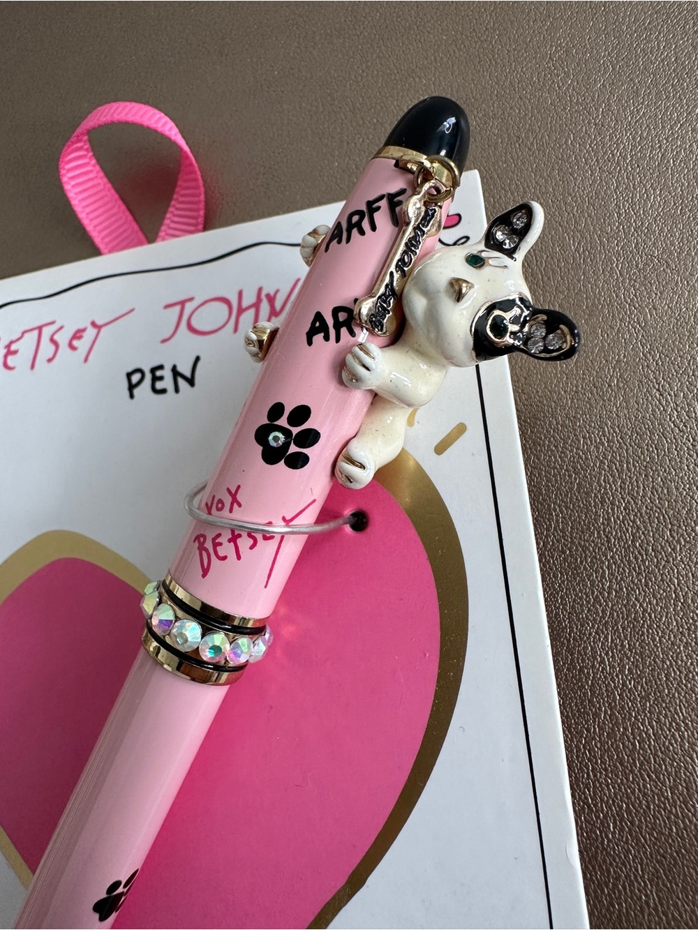 NIP Betsey Johnson Pink French Bulldog Pen Charm Paw Print Rhinestone